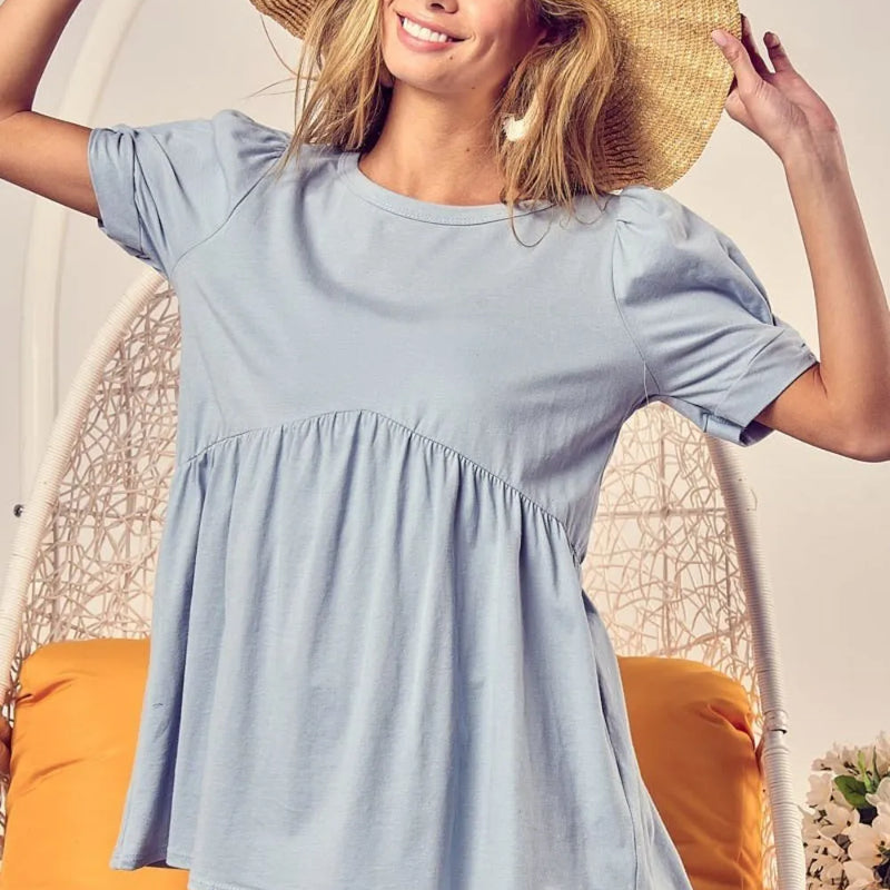 BiBi Cotton Span Knit with Puff Sleeve Baby Doll Top