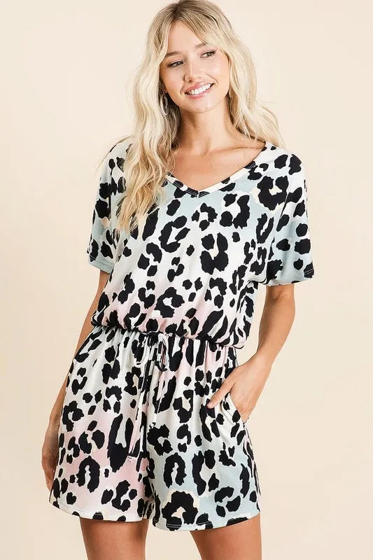 BiBi Gradation Leopard Soft Knit V-neck Romper