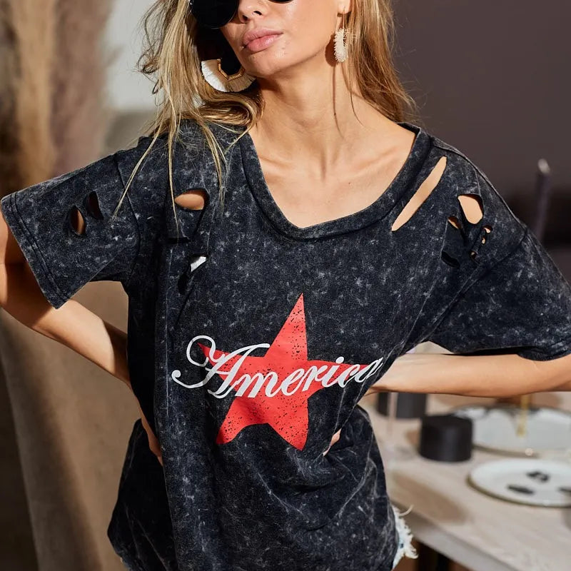 BiBi Laser Cut Mineral Washed Jersey Top with  America in Black
