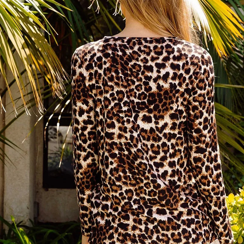 BiBi Leopard Shoulder Slit Long Sleeve Top