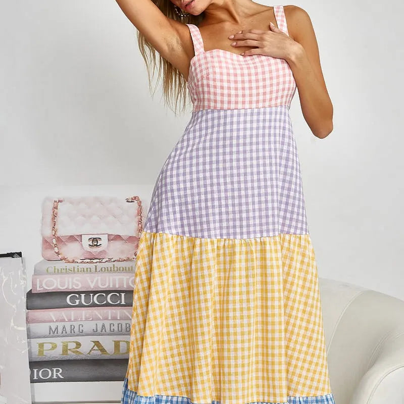 BiBi Color Block Tiered Gingham Dress