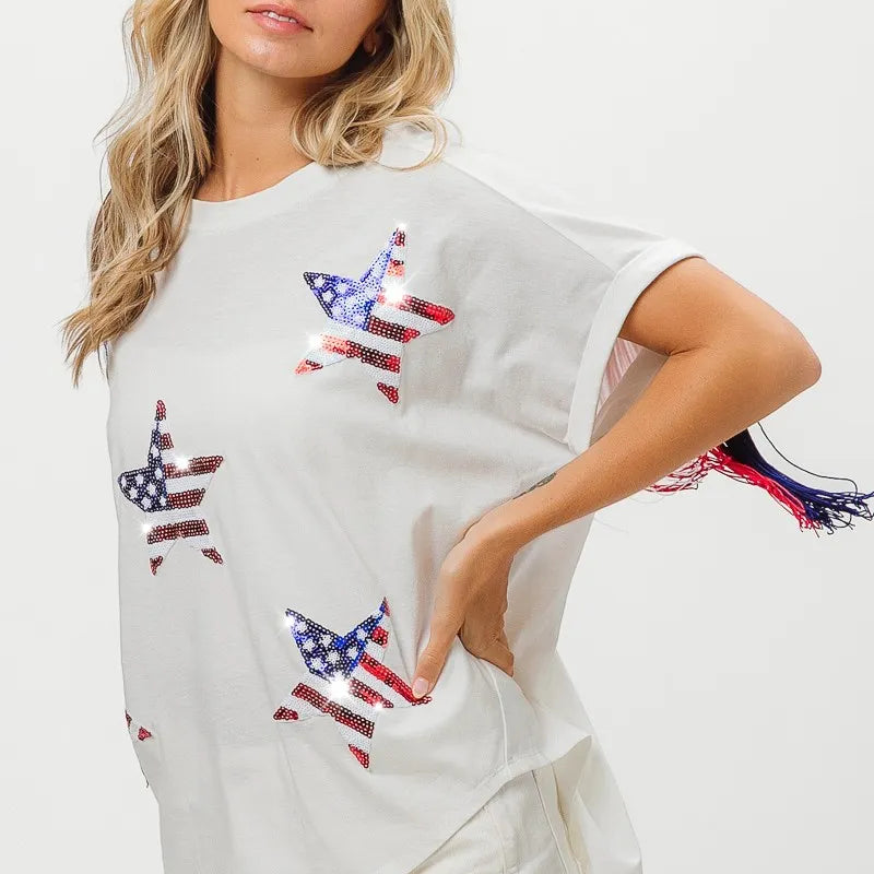 BiBi American Flag Sequin Star Fringe Top