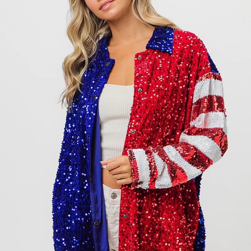 BiBi American Flag Sequin Snap Down Shirt