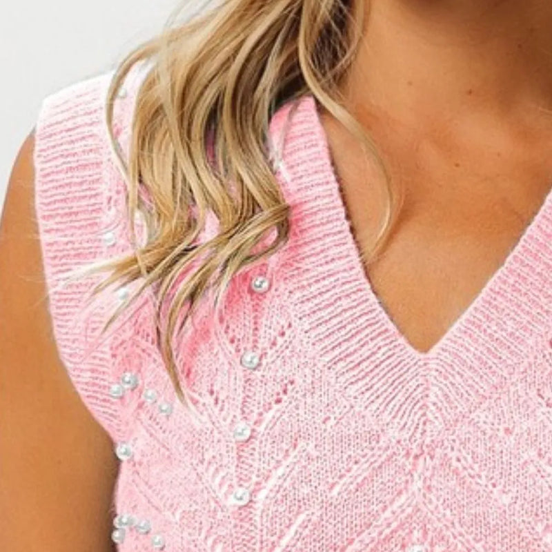 BiBi Chevron Pointelle Pearl Knit Top in Blush