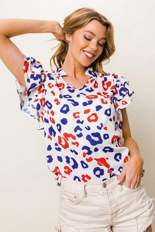 BiBi Leopard Notched Ruffled Cap Sleeve Blouse