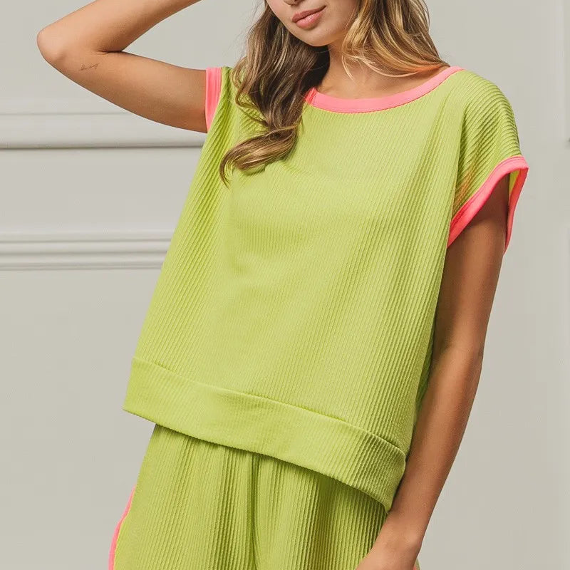 BiBi Cord Rib Knit Contrast Banded Top