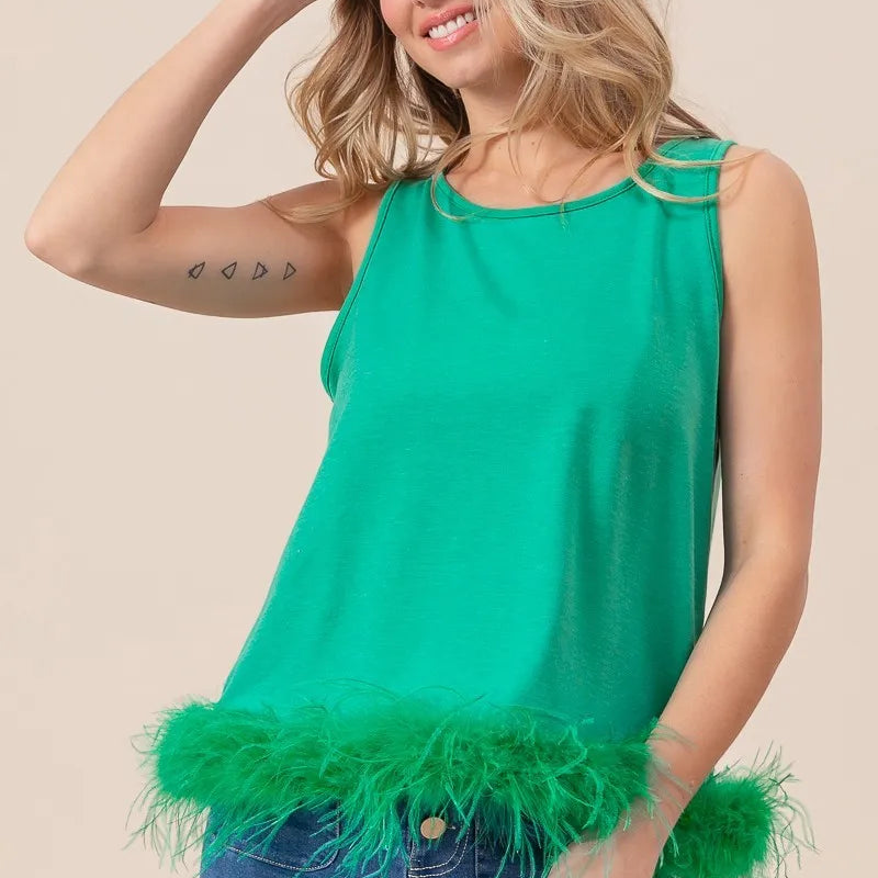 BiBi French Terry Faux Feather Bottom Back Tied Top