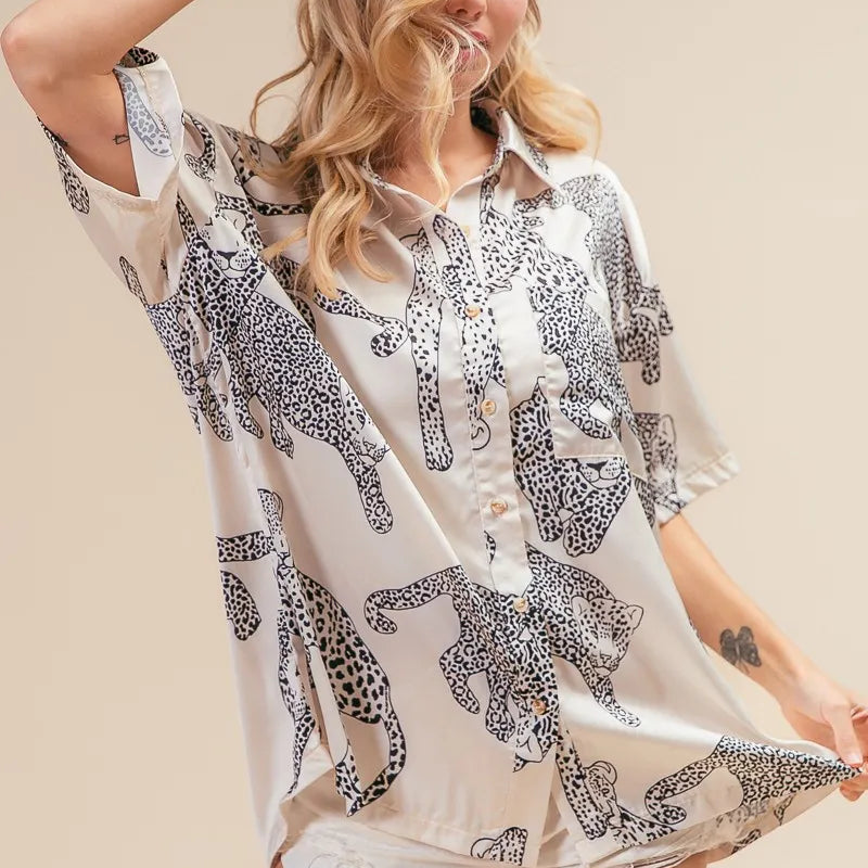 BiBi Leopard Print Short Sleeve Silky Satin Shirt Top