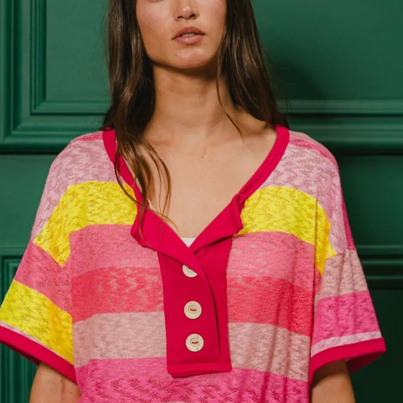 BiBi Multi Color Stripe Hacci Button Detail Ringer Top