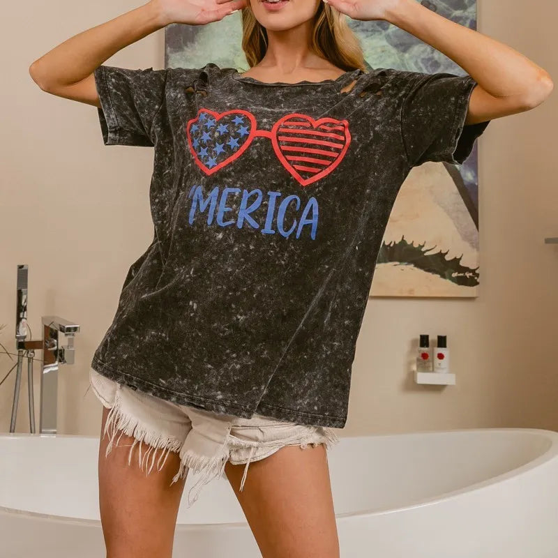 BiBi 4th Of July Theme Mineral Washed Laser Cut Top