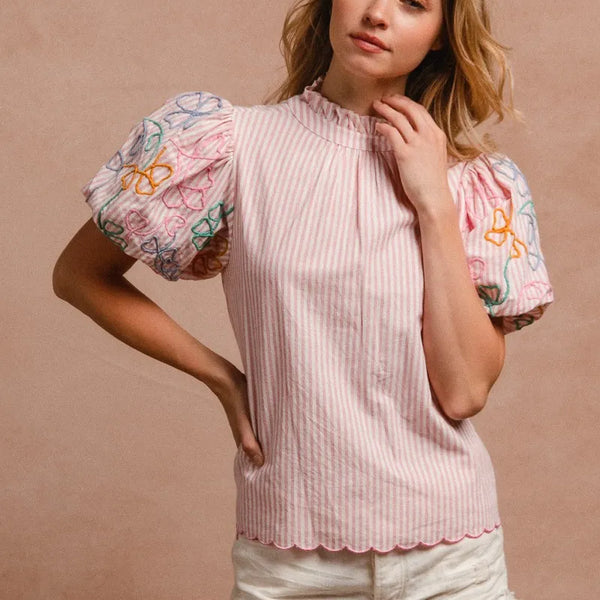 BiBi Embroidery Bubble Sleeve Top With Bottom Scallop Detail