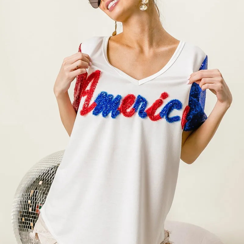 BiBi Metallic Letter V-neck Sequin Sleeves Top in Cream
