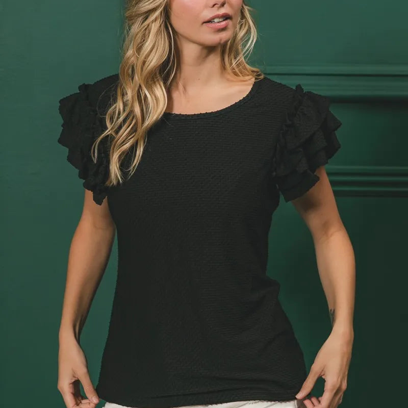 BiBi Birdseye Texture Layered Ruffle Top in Black