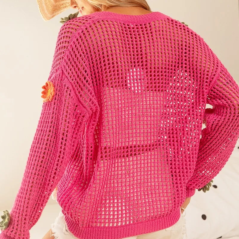 BiBi Flower Patches Open Knit Sweater Cardigan