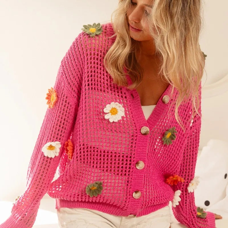 BiBi Flower Patches Open Knit Sweater Cardigan