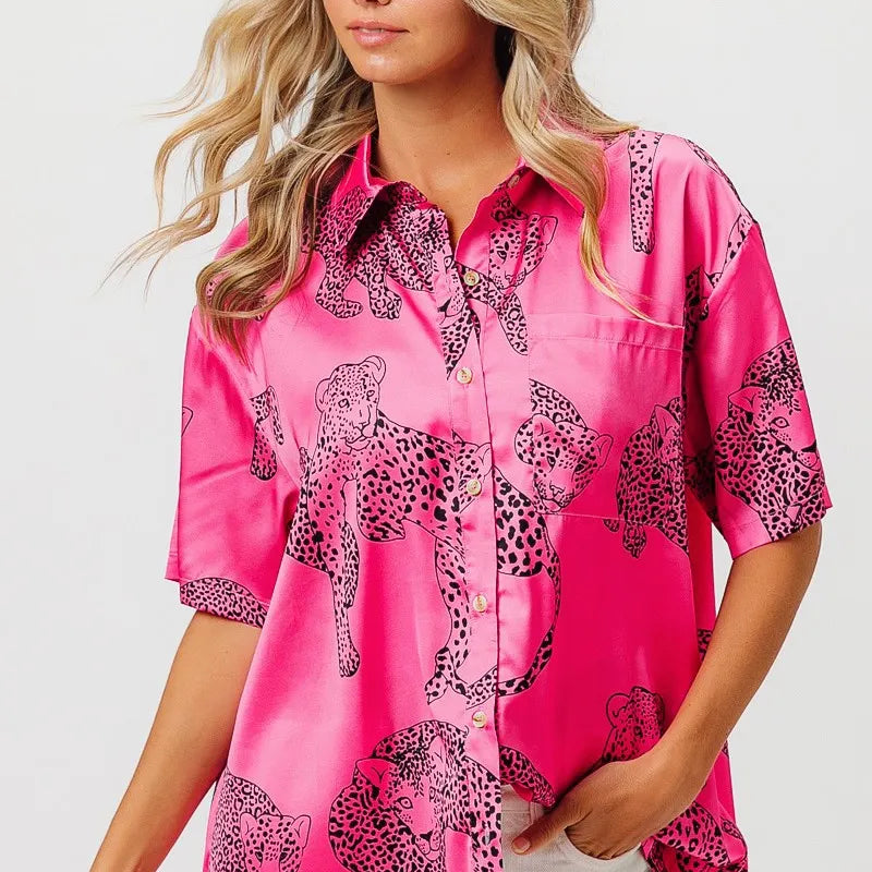BiBi Leopard Print Short Sleeve Silky Satin Shirt Top