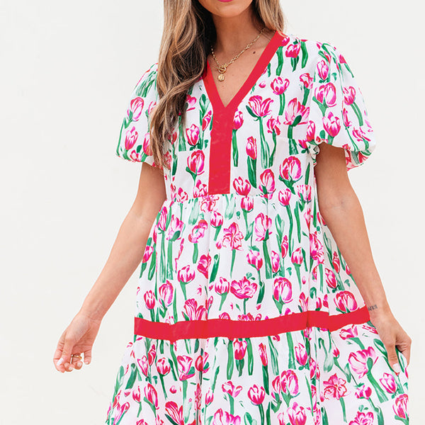 Berkley Floral V Neck Bubble Babydoll Dress
