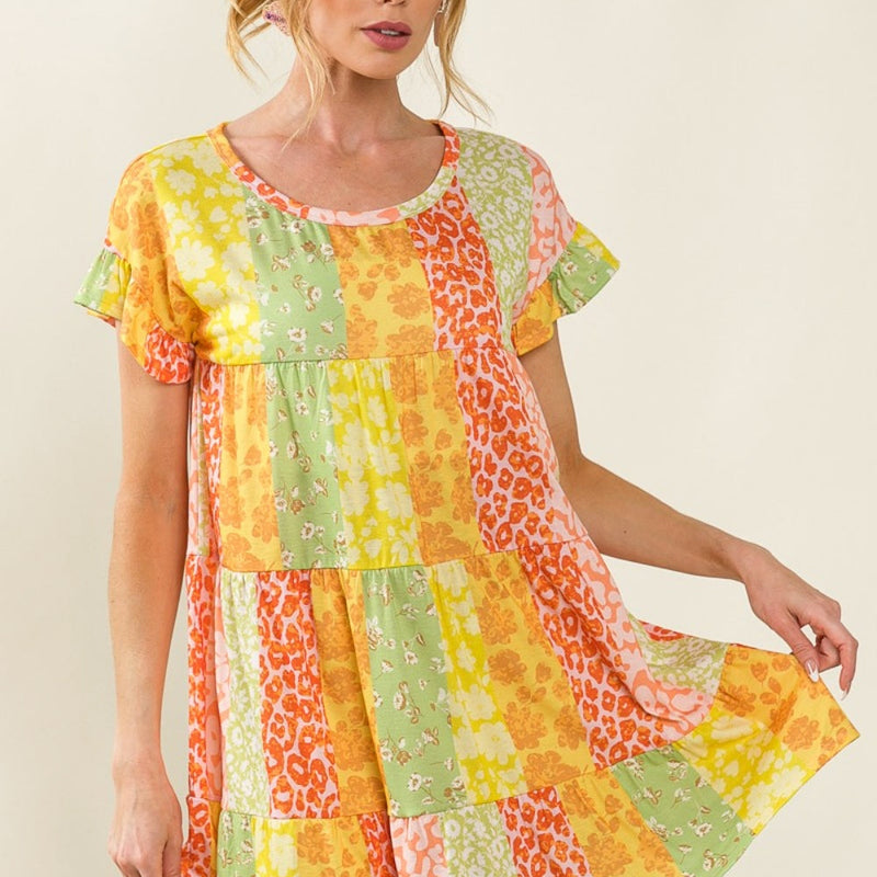 BiBi Leopard Short Sleeve Tiered Dress