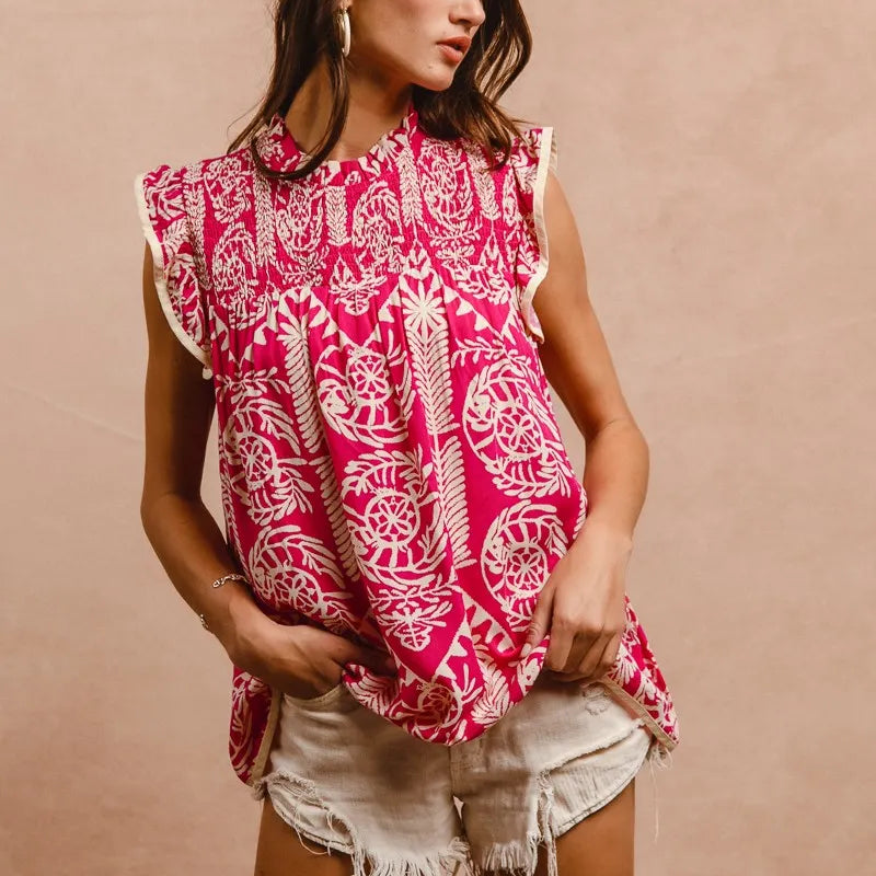 BiBi Printed Ruffle Sleeve Top