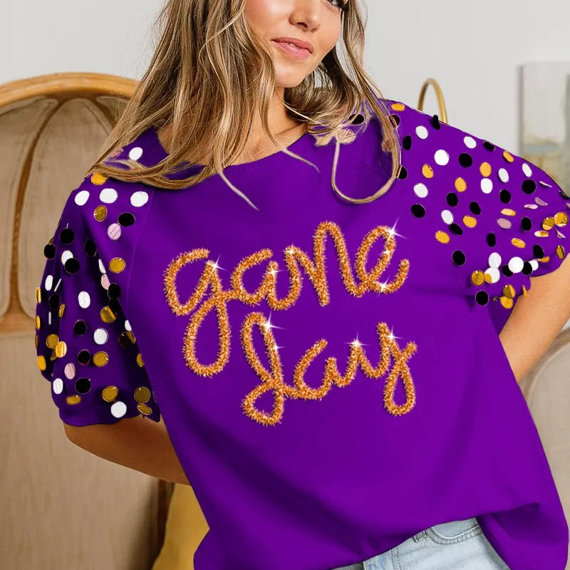 BiBi Game Day Metallic Letter Spangle Sleeve Top