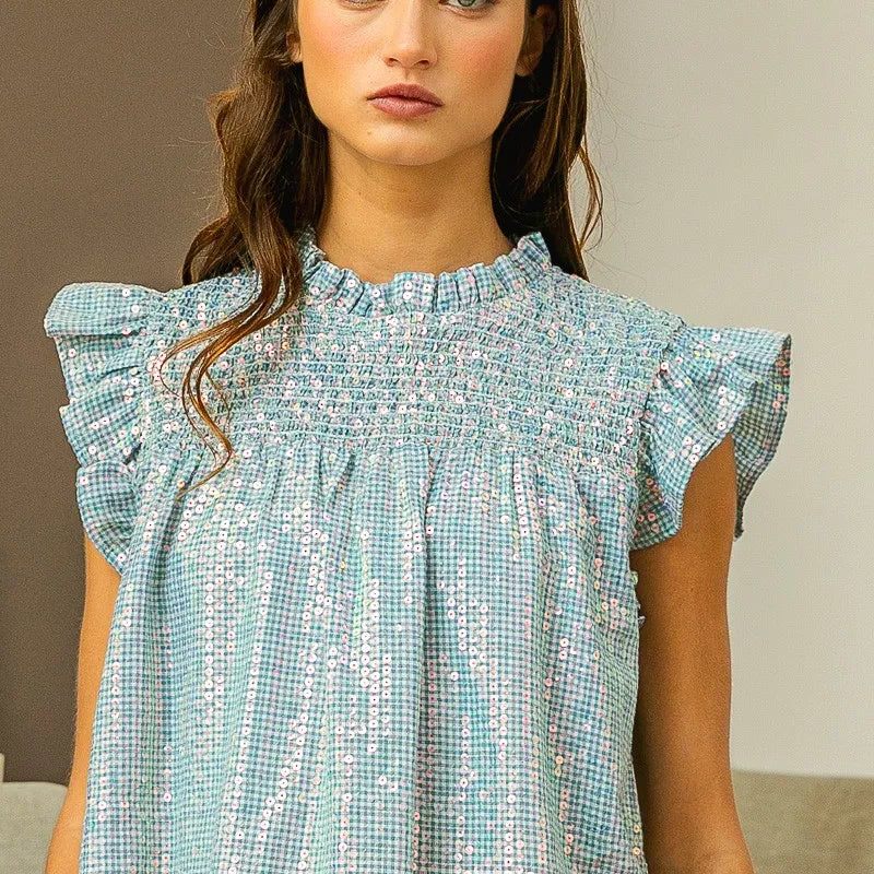 BiBi Clear Sequin All-over Gingham Smocked Top