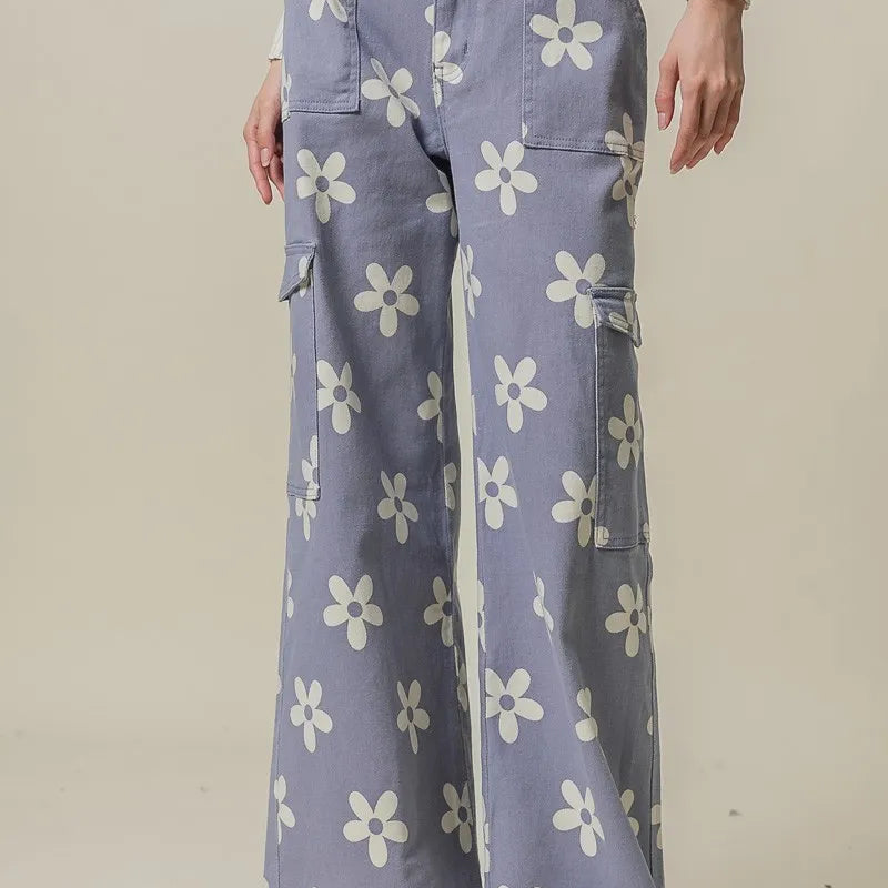 BiBi Flower Printed Side Pocket Wide Pants