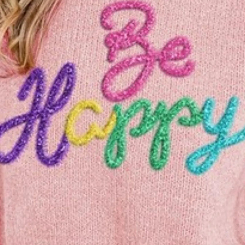 BiBi Metallic Letter Short Puff Sleeve Hairy Sweater in Pink