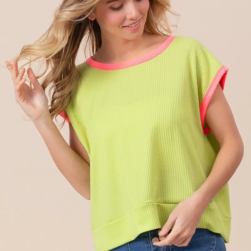 BiBi Cord Rib Knit Contrast Banded Top