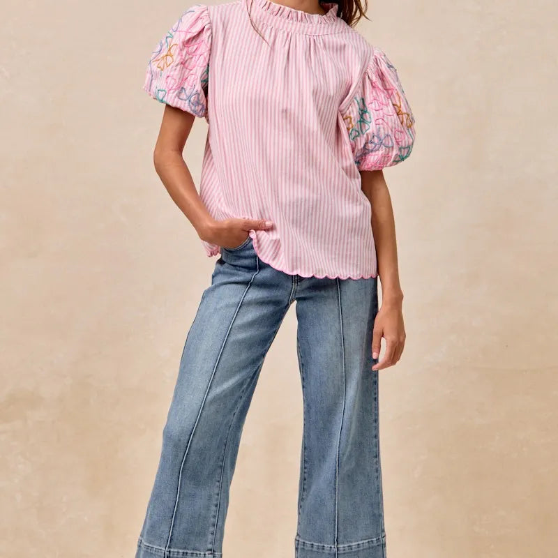 BiBi Embroidery Bubble Sleeve Top With Bottom Scallop Detail