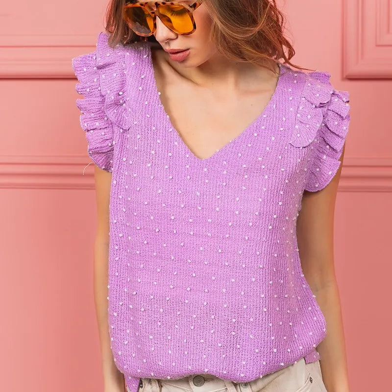BiBi Layered Ruffle Swiss Dot Knit Top