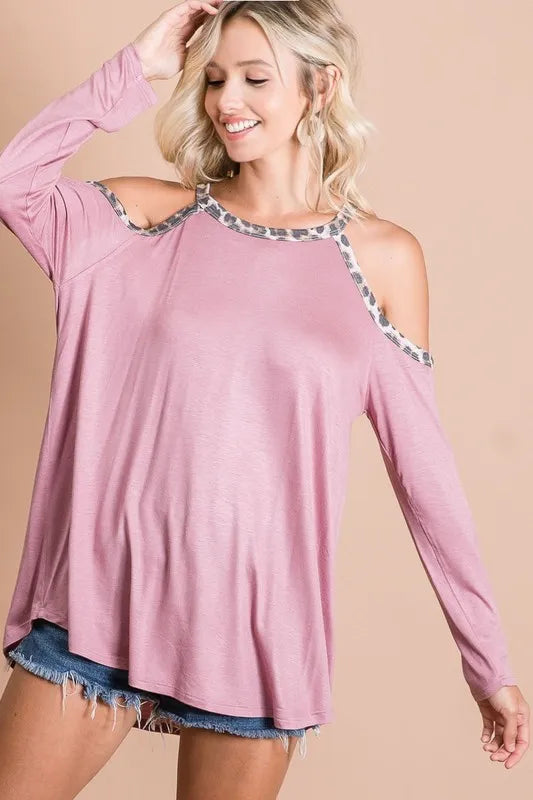BiBi Jersey Knit Cold Shoulder Top with Leopard Neck