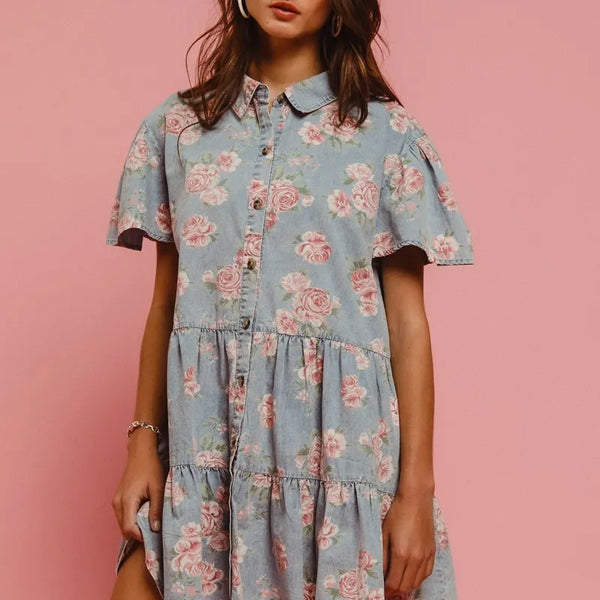 BiBi Floral Print Washed Lightweight Tiered Shirt Dress