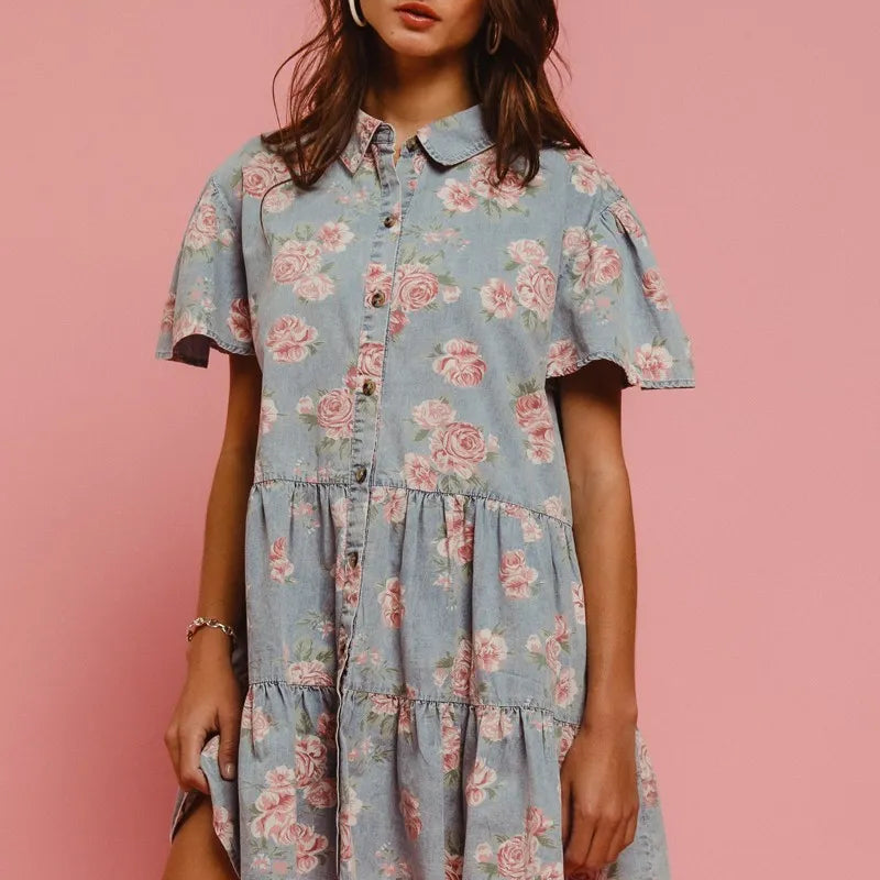 BiBi Floral Print Washed Lightweight Tiered Shirt Dress