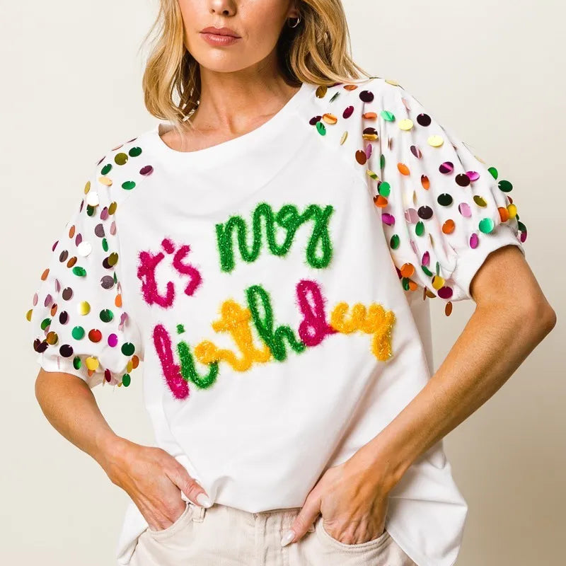 BiBi Metallic Letter Spangle Raglan Puff Sleeve Top