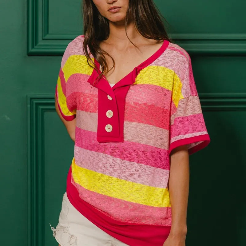 BiBi Multi Color Stripe Hacci Button Detail Ringer Top