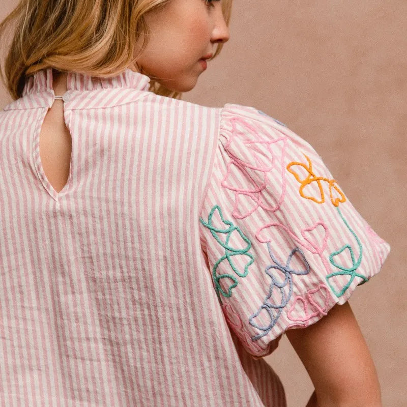 BiBi Embroidery Bubble Sleeve Top With Bottom Scallop Detail