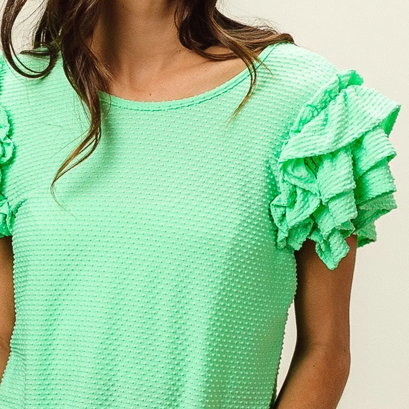 BiBi Birdseye Texture Layered Ruffle Top in Sage