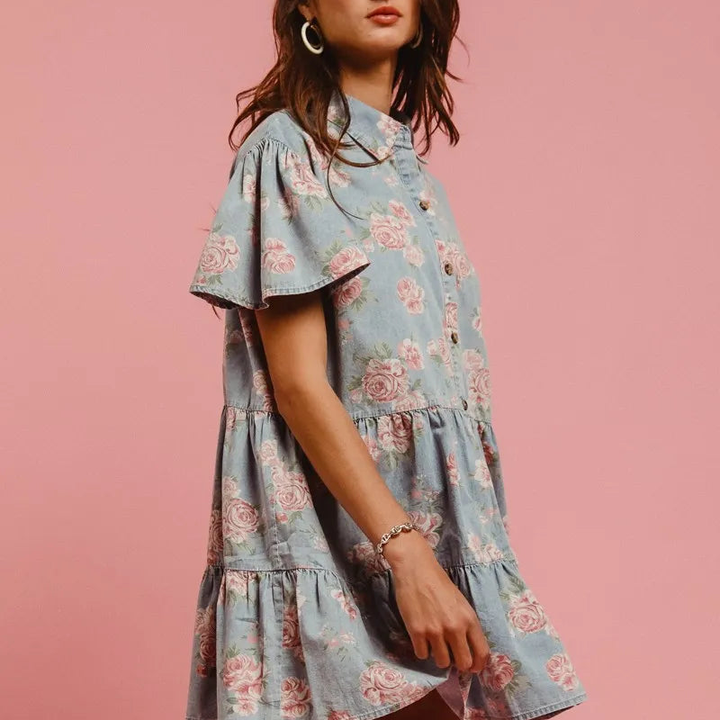 BiBi Floral Print Washed Lightweight Tiered Shirt Dress