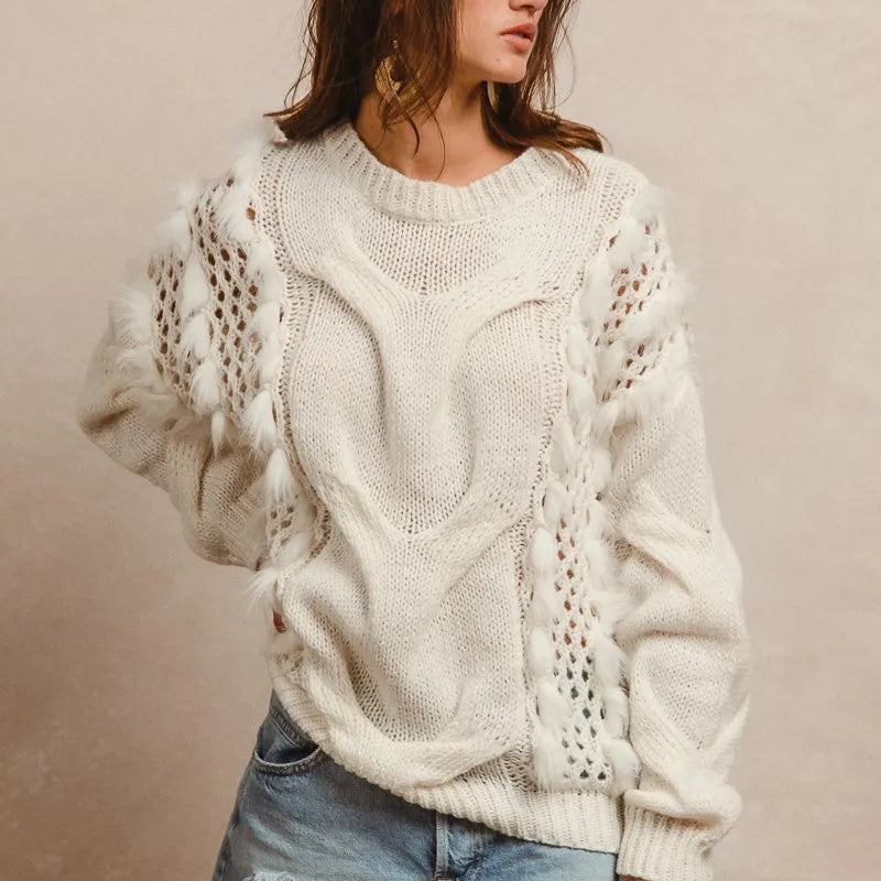 BiBi Faux Fur Detailed Pointelle Cable Knit Sweater