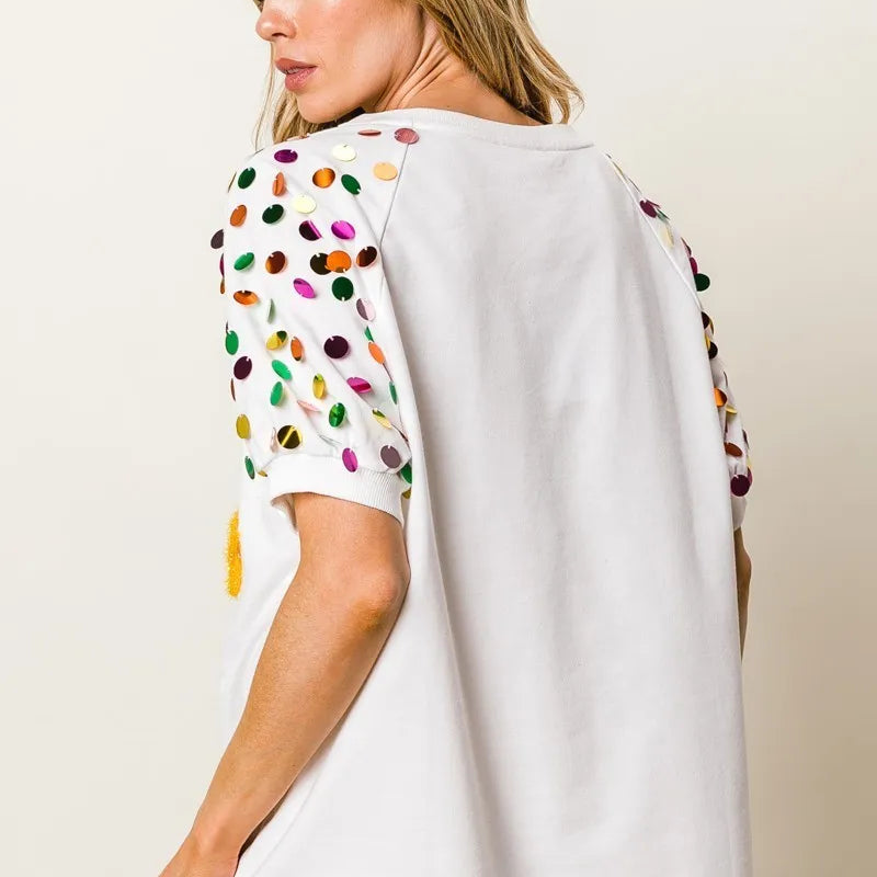 BiBi Metallic Letter Spangle Raglan Puff Sleeve Top