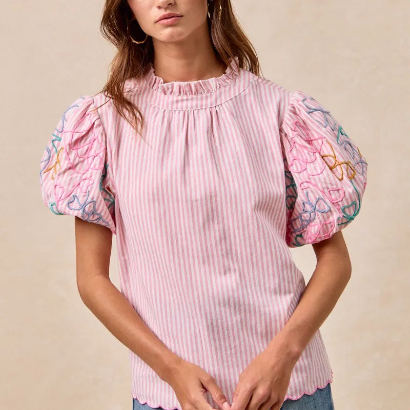 BiBi Embroidery Bubble Sleeve Top With Bottom Scallop Detail