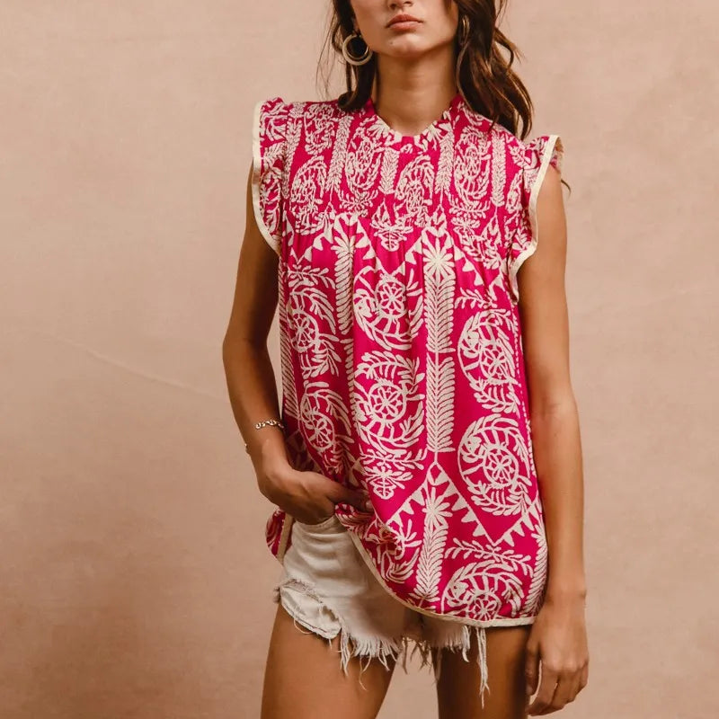 BiBi Printed Ruffle Sleeve Top