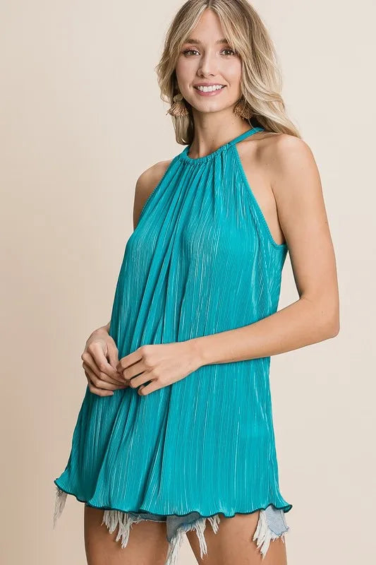 BiBi Pleating Knit Halter Neck Top in Teal
