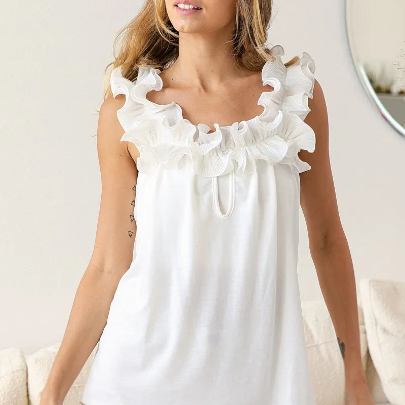 BiBi French Terry Knit Ruffled Trim Banded Top