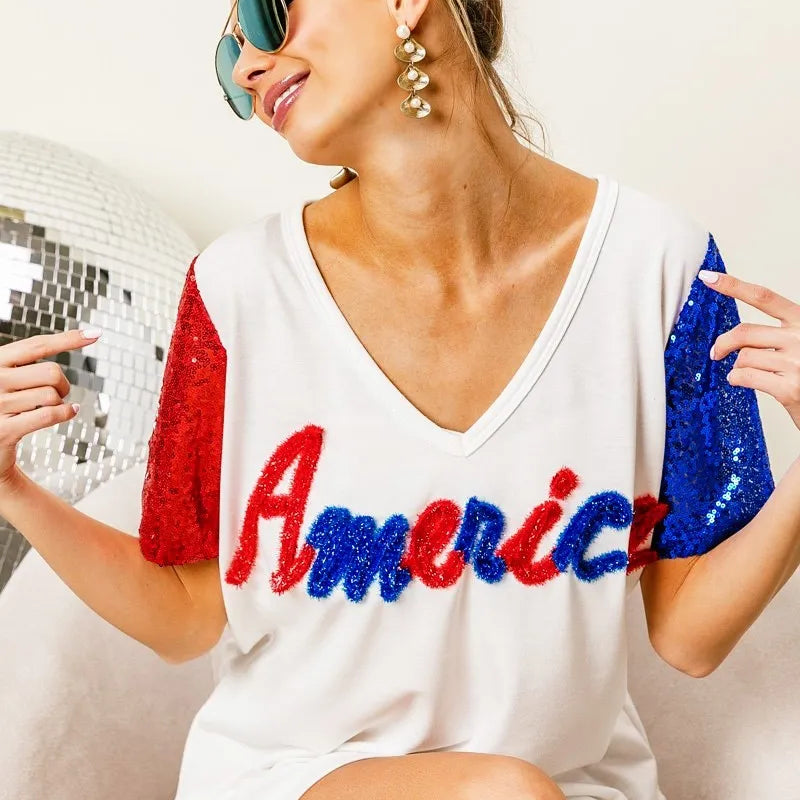 BiBi Metallic Letter V-neck Sequin Sleeves Top in Cream