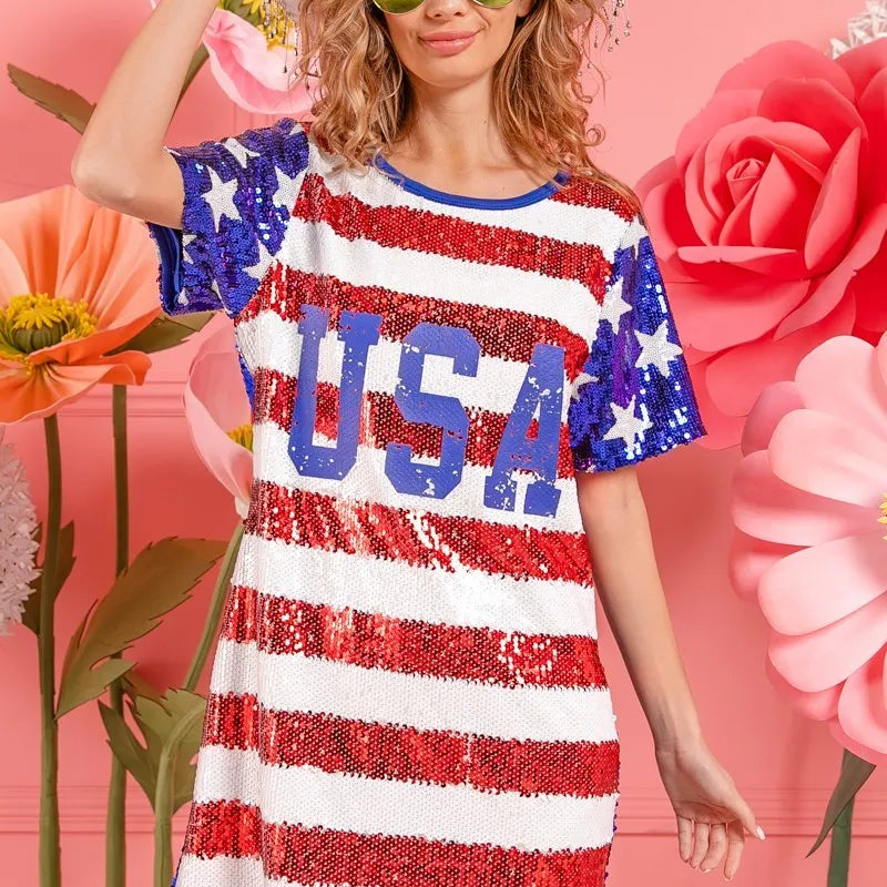 BiBi American Flag Theme Usa Print Sequin Dress