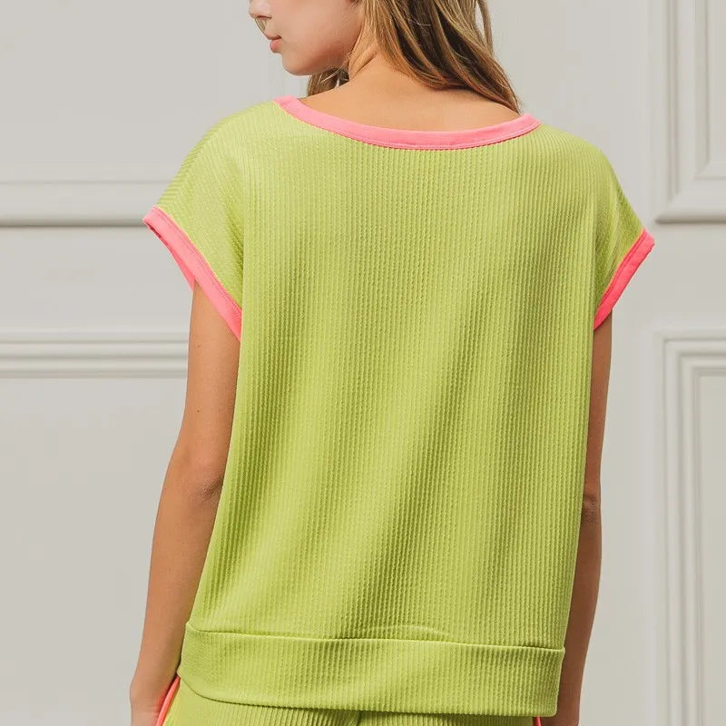 BiBi Cord Rib Knit Contrast Banded Top