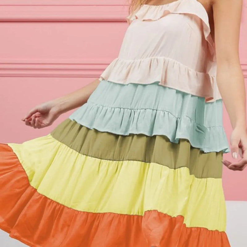 BiBi Color Blocked Tiered Dress