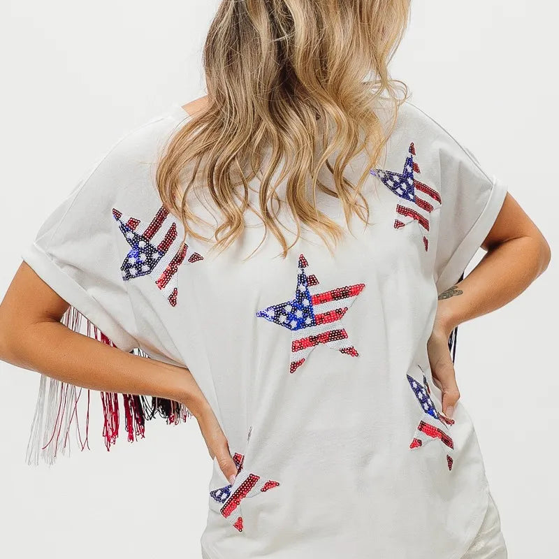 BiBi American Flag Sequin Star Fringe Top