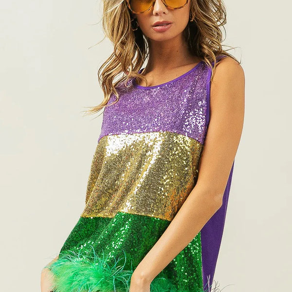 BiBi Mardi Gras Color Block Faux Feather Hem Sequin Top